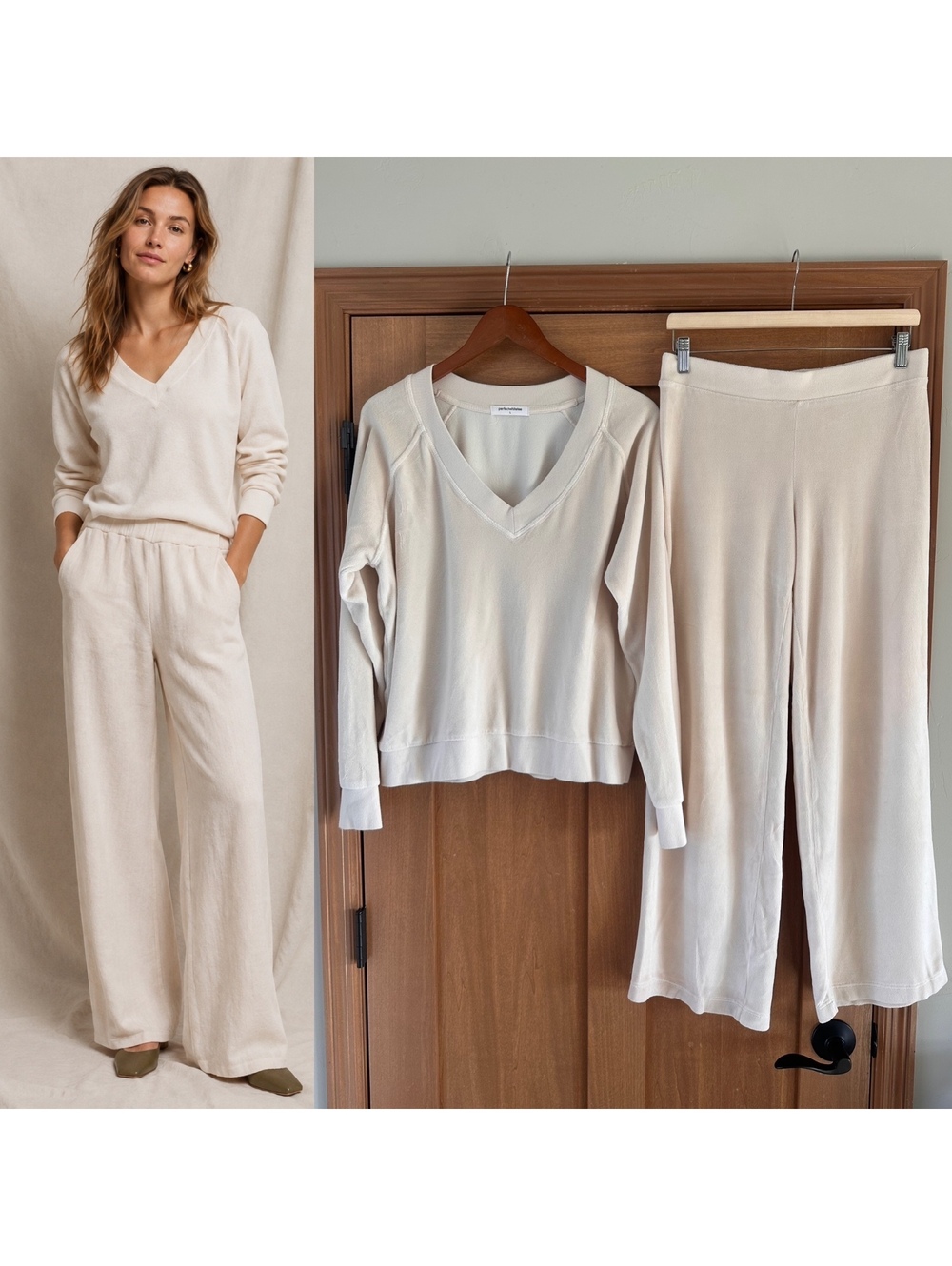 Perfectwhitetee 2-Piece Velour Ember V-Neck Top L & Holly Wide Leg Sweatpants M
